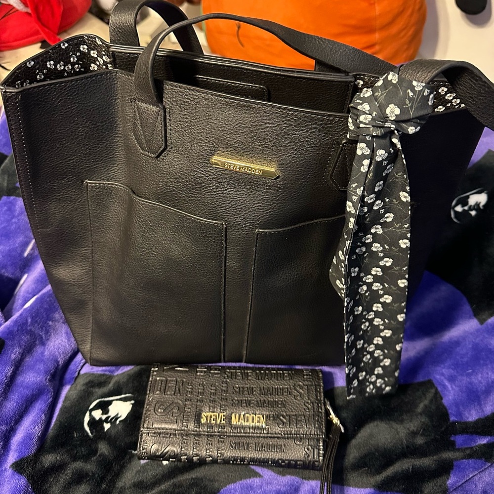Steve Madden Black Tote with Floral Scarf